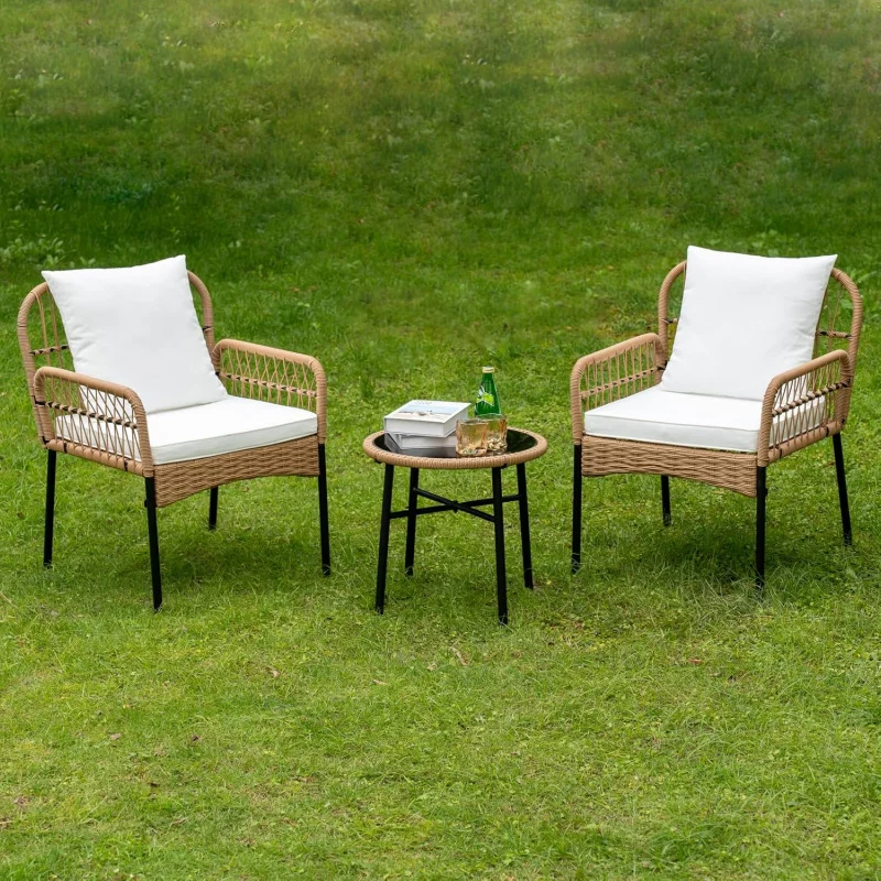 Beige wicker patio wicker bistro rattan chair conversation sets boho patio furniture set 3PCs with white washion cushion