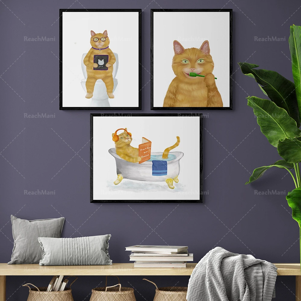 

orange cat bathroom wall art, cat prints, cat spa day, bath cat painting, cat brushing art, cat lover gift decoration poster