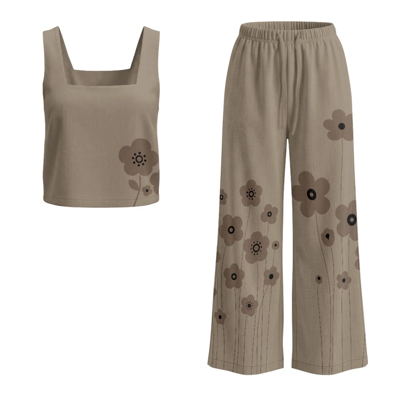 INSTANTARTS Conjunto de chaleco de lino para mujer, pantalones de pierna ancha, ligeros, transpirables, suaves, cómodos, de secado rápido, con estampado floral