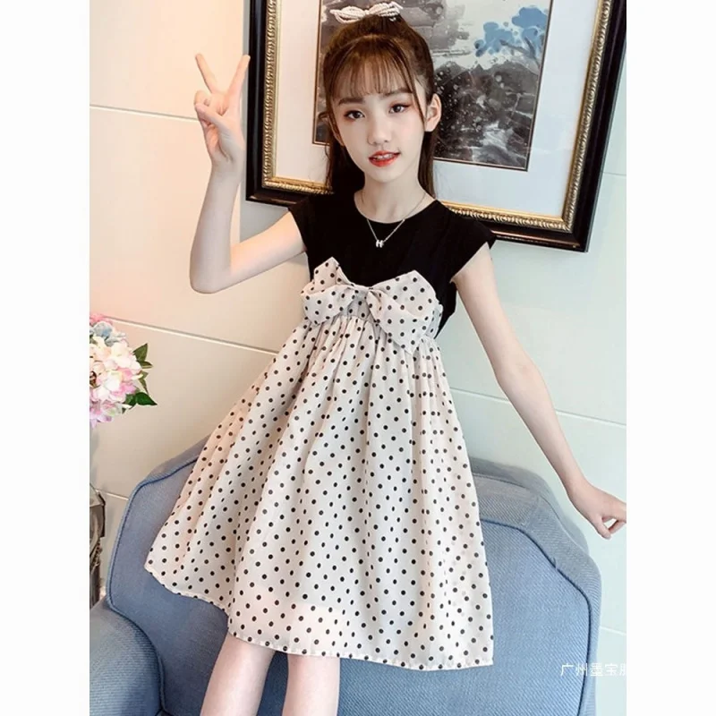 

Girls' summer dress new style, little girl's dress, big girl's clothing, sweet polka dot midi dress, baby girl's princess dress