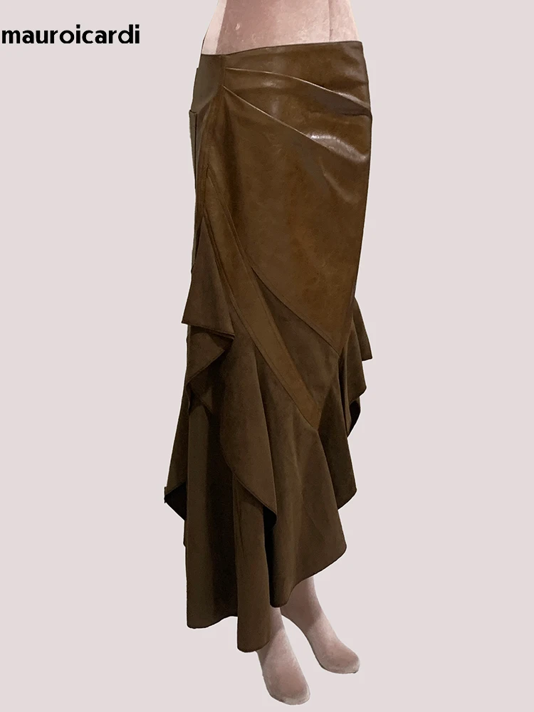 Lautaro Primavera Autunno Lungo Morbido Flowy Marrone Patchwork Pu Pelle Midi Gonna Asimmetrica Donna Designer di Lusso Emo Vestiti 2025