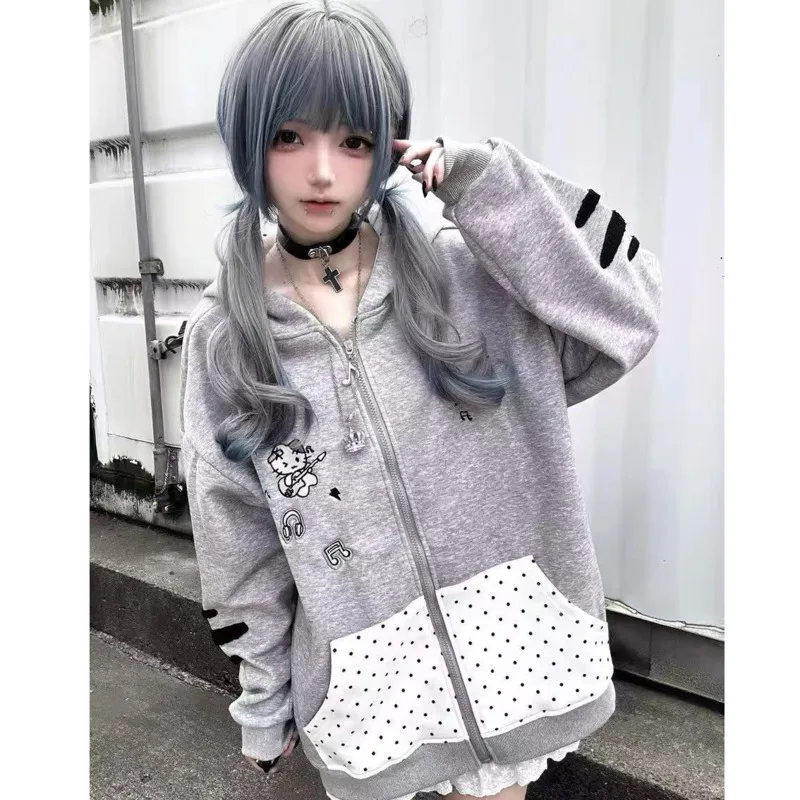 

Cute Cat Embroidery Harajuku Coat Girls Kawaii Bear Ears Japanese Fleece Jacket Cotton Casual Oversized Coats Y2k Women Clothing