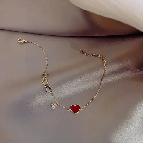 여성용 절묘한 작은 사랑 패션 레드 스톤 매력 팔찌, 로맨틱 골드 컬러 체인, 귀여운 하트 커프 팔찌, 쥬얼리 선물