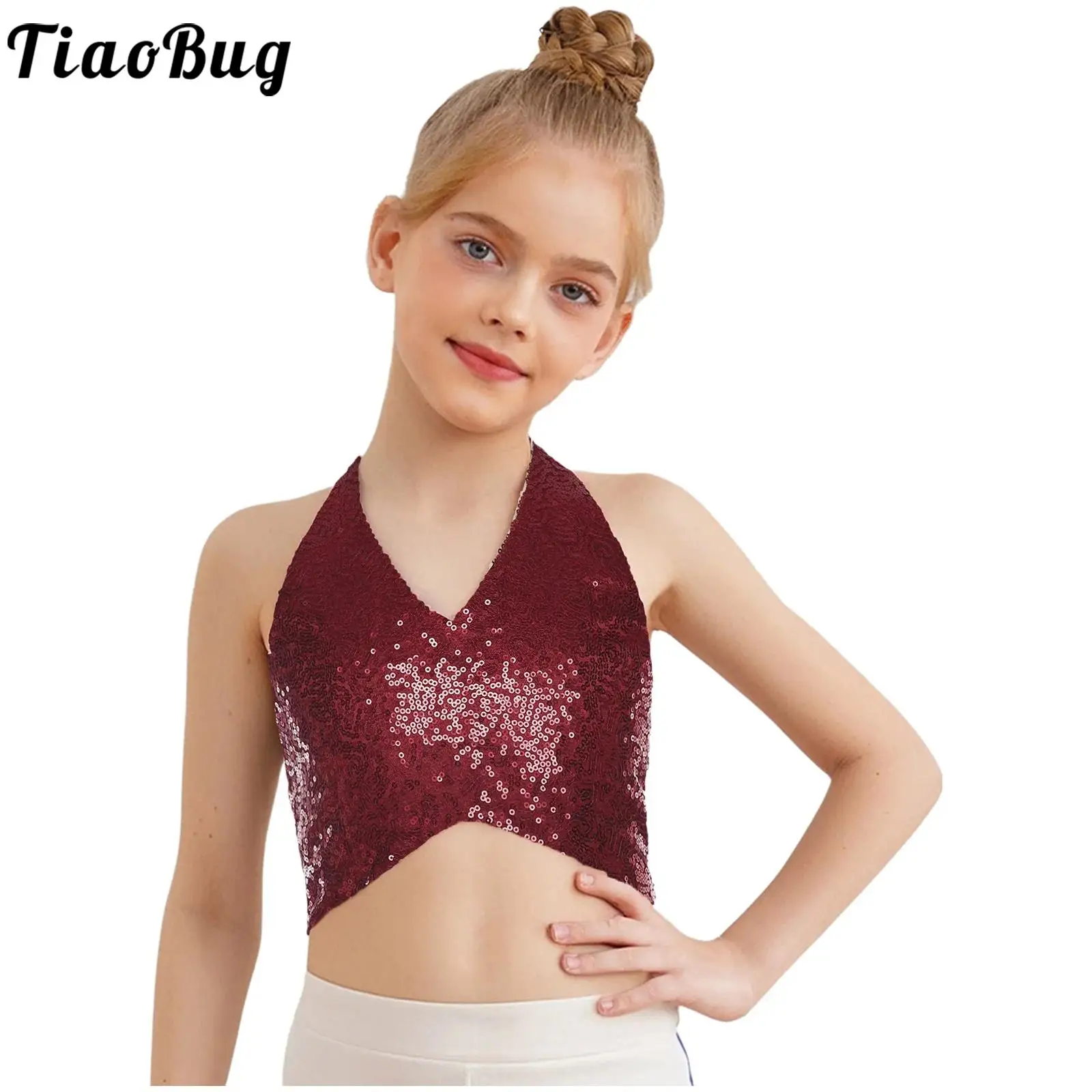 

Teen Girls Elegant Shiny Sequin Bolero Tank Tops V-neck Sleeveless Vest Top Birthday Party Wedding Banquet Pageant Prom Camisole