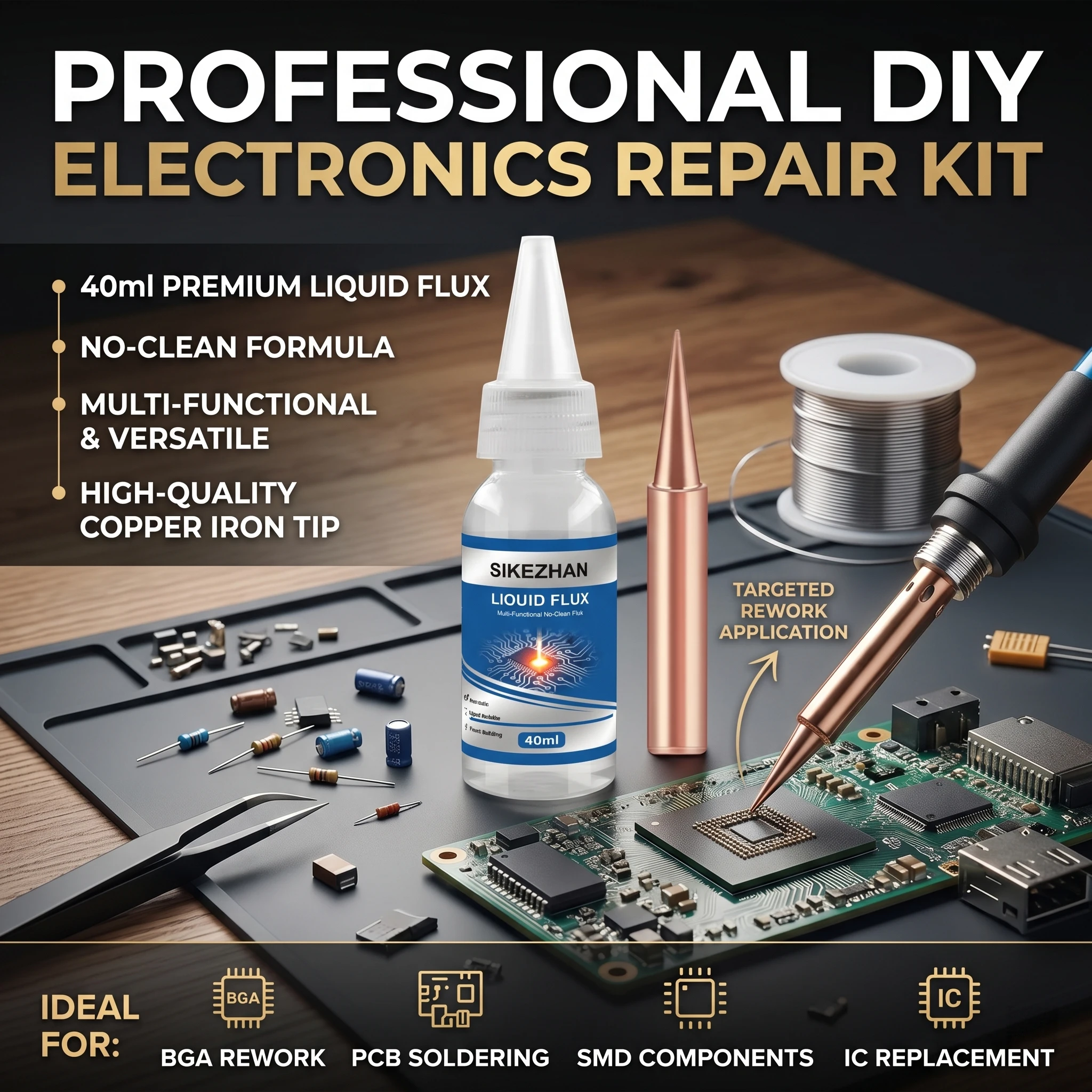

40ml Multi-Purpose Liquid Flux No-Clean Soldering Fluid + Copper Iron Tip for DIY Electronic Components PCB BGA Rework Repair