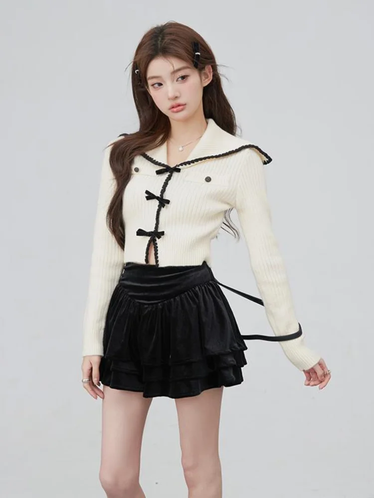 Deeptow Kawaii Pure Color Sailor Collar Bow Design Knitted Sweater Woman Slim Fit Sweet Cardigan Long Sleeve Knitted Coats Tops