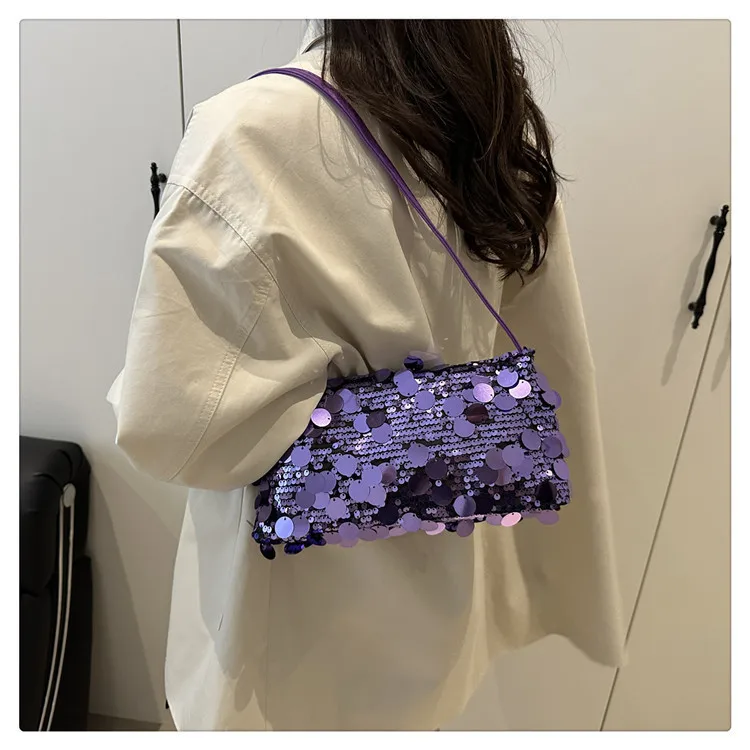 Neue Pailletten-Abendtasche, Schultertasche für Damen, leicht, tragbar, Damen-Umhängetasche mit Riemen, einfarbig, modische Handtasche für Frauen. – Detail 18