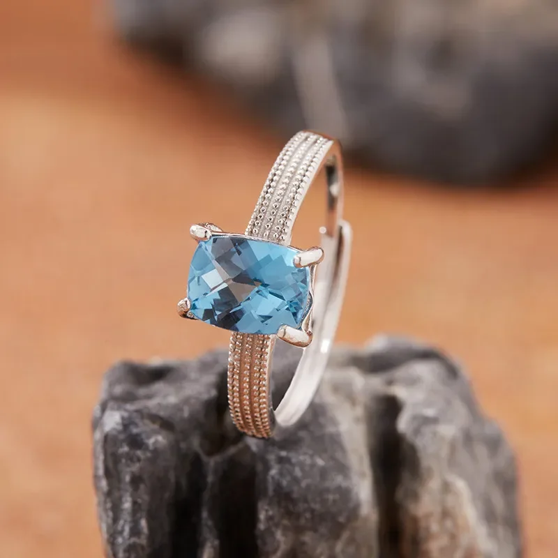 Natural London blue topaz ring women's s925 sterling silver sugar cube colored treasure jewelry simple and versatile live