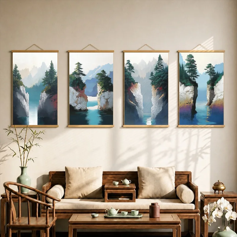 Wall Decorations Emerald Pine Mountains and Blue Water, Pearlescent Canvas Hanging Scroll for Boutique Hotel Accent