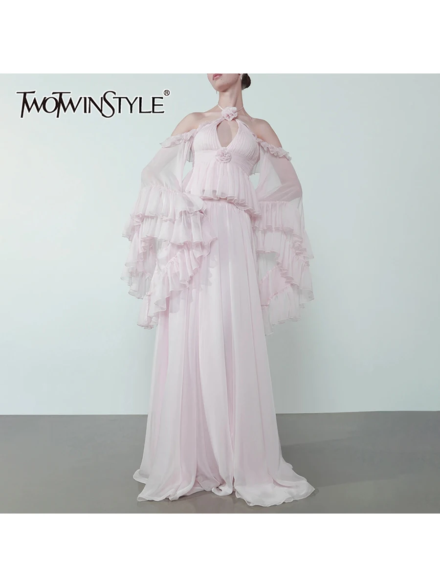 TWOTWINSTYLE Flower Slim Two Piece Sets for Women Halter Off Shoulder Flare Sleeve Top Patchwork Folds Skirt Solid Set Female