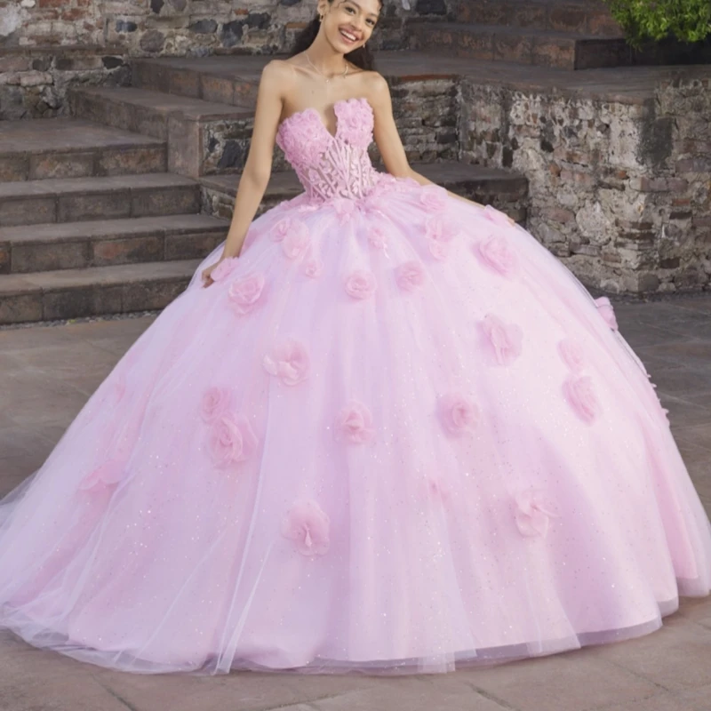 

Розовое блестящее платье принцессы Sweet 16, платье Quinceanera, платья с аппликацией, цветочными бусинами, тюлевые платья для вечеринки, дня рождения, 15 De Anos