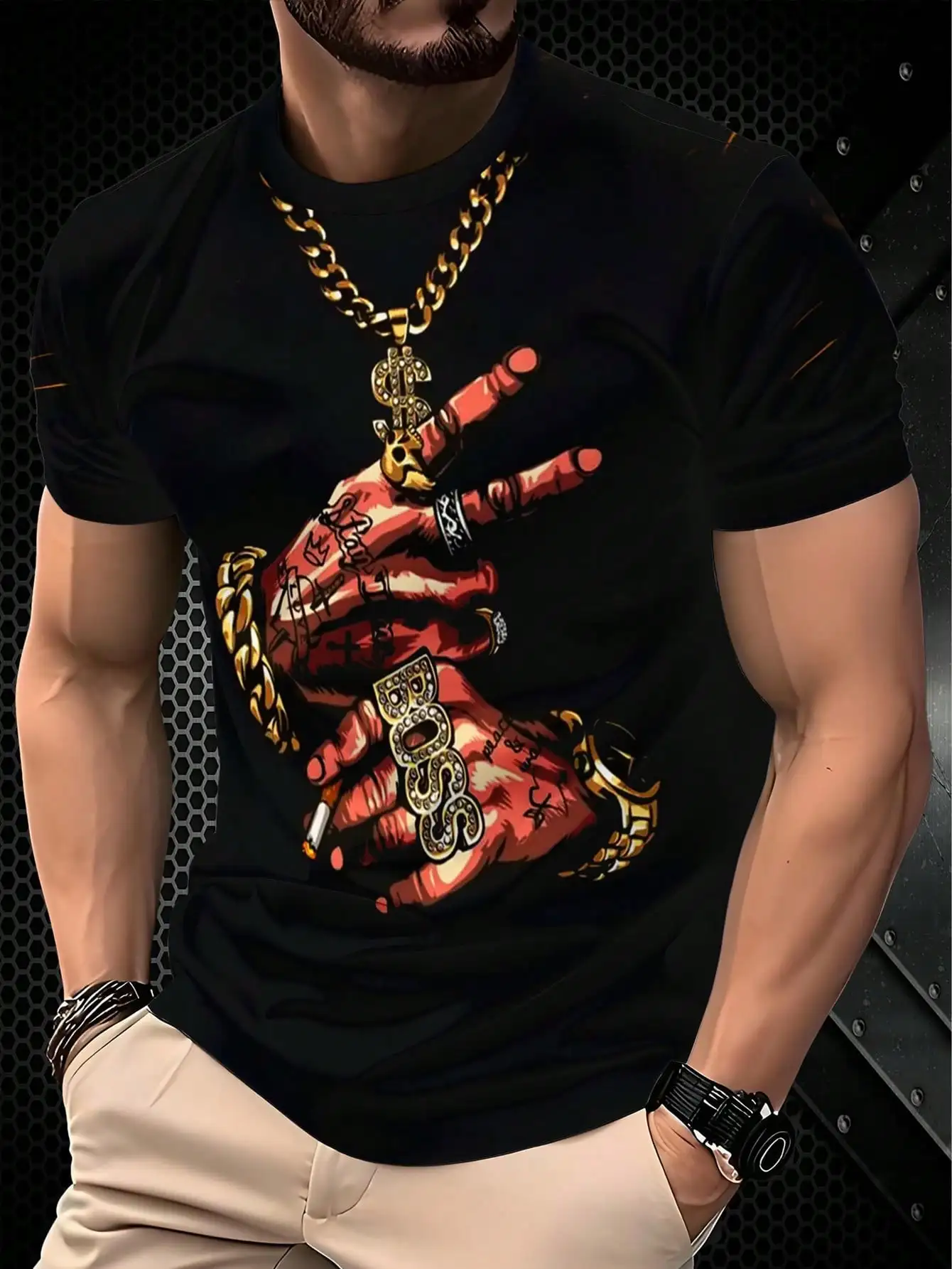 

Мужская футболка в уличном стиле с ярким принтом в виде руки и золотой цепи, короткий рукав, круглый вырез, стиль хип-хоп