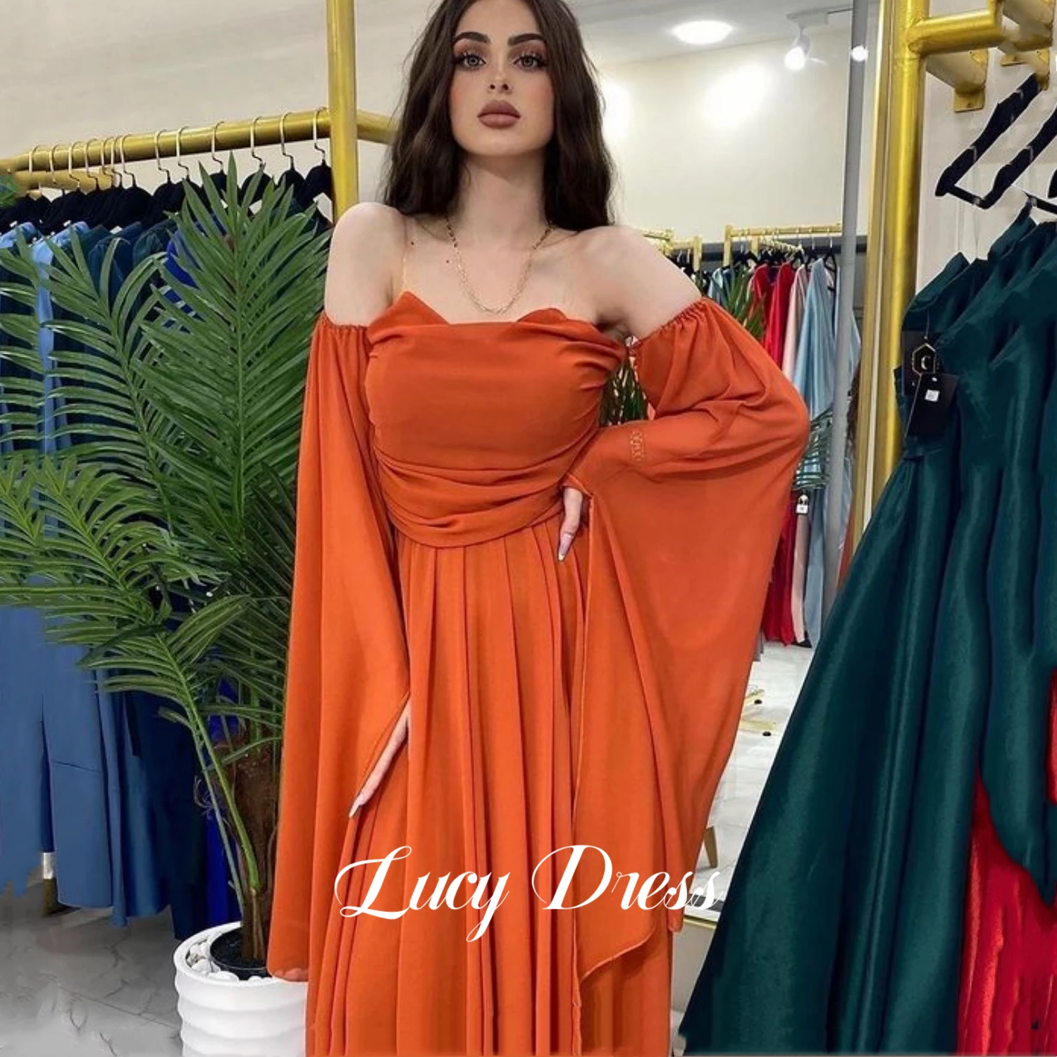 Lucy Off the shoulder gaun Prom wanita, gaun malam pengiring pengantin warna oranye 2024 mewah, garis