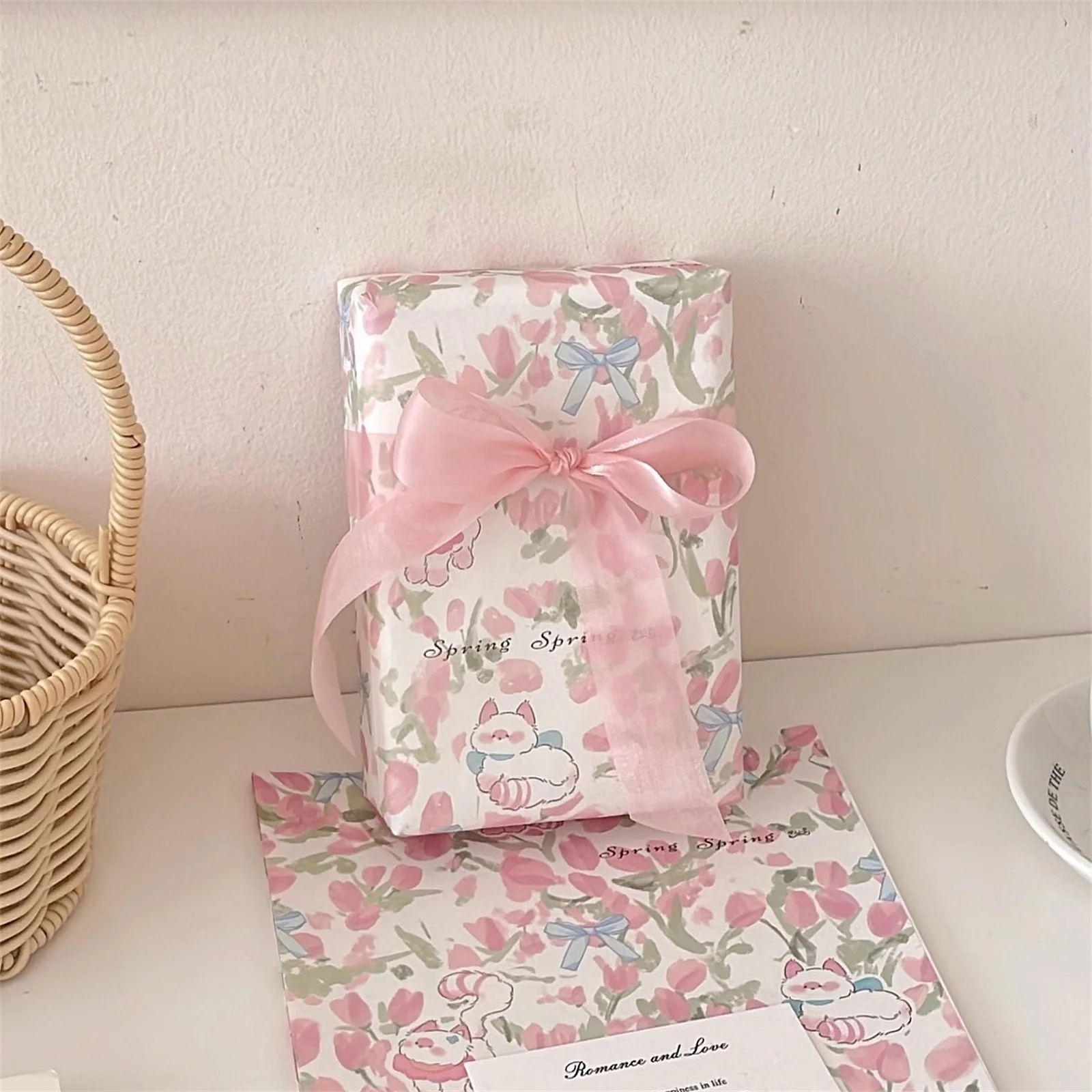 6 أوراق من ورق تغليف توليب الزهور الربيعية، ورق هدايا وردي لطيف لديكور أعياد الميلاد، أوراق تعبئة الهدايا، حشو صندوق الهدايا #5