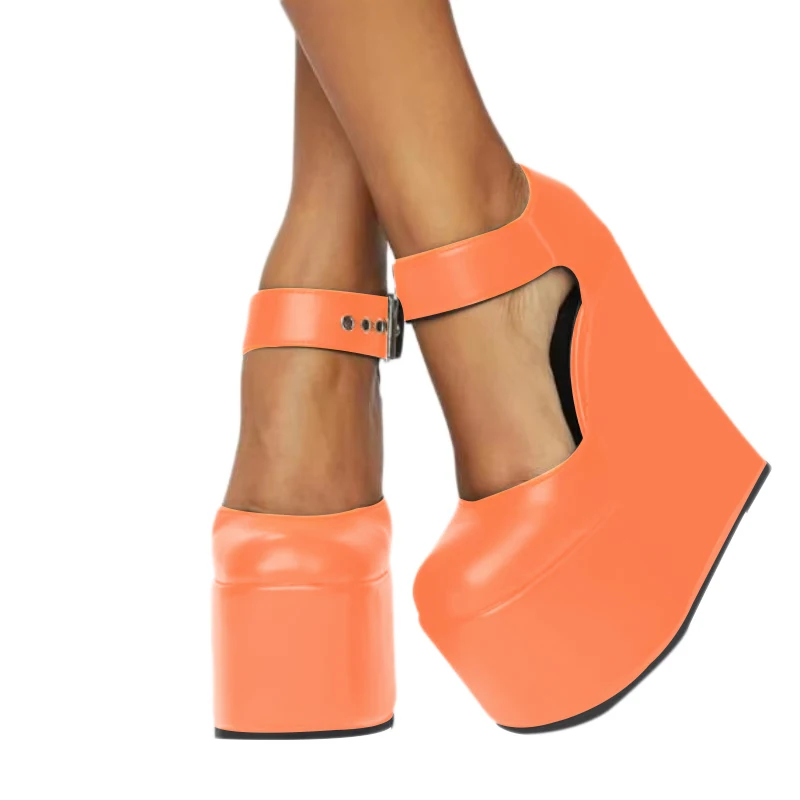 

SHOFOO Beautiful women's high heels. Orange (burgundy) leather single shoes About 15 cm heel height Wedges heel platform shoes.