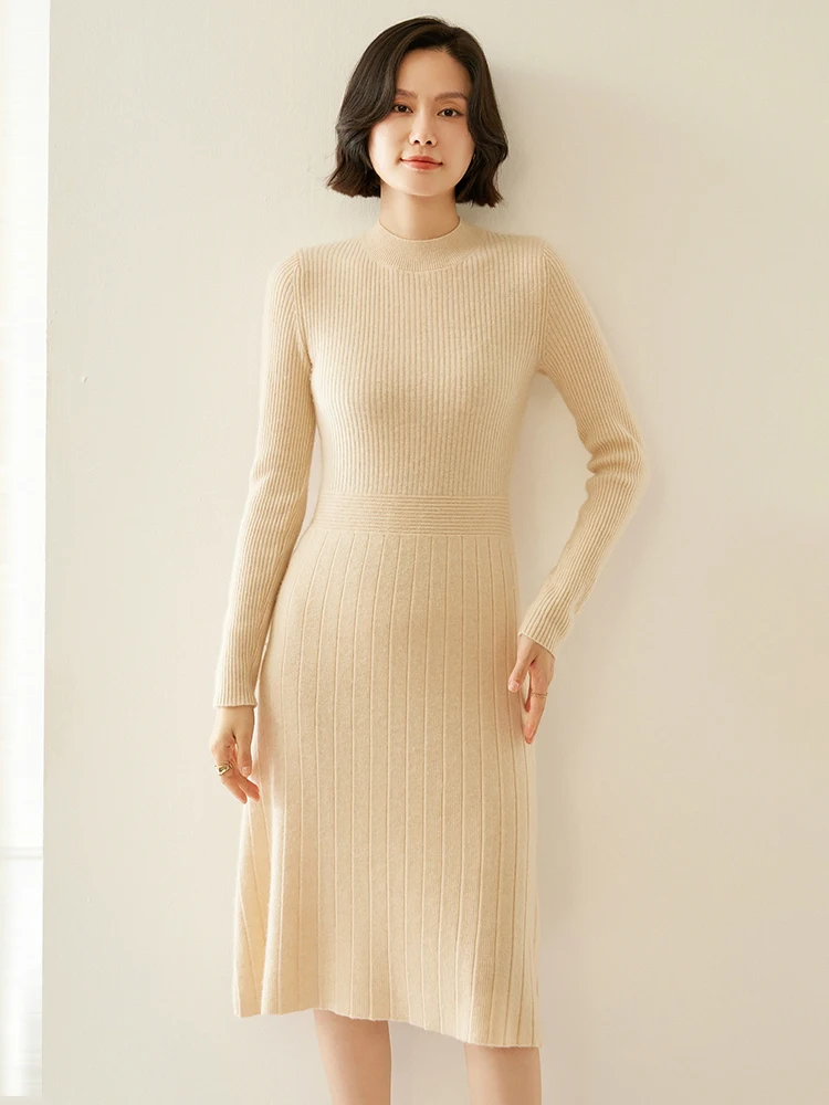 Women's Cashmere Long Dress Mock Neck Simple Slim Dresses Autumn Winter 100% Cashmere Knitwear Office Lady Striped Knit Dress