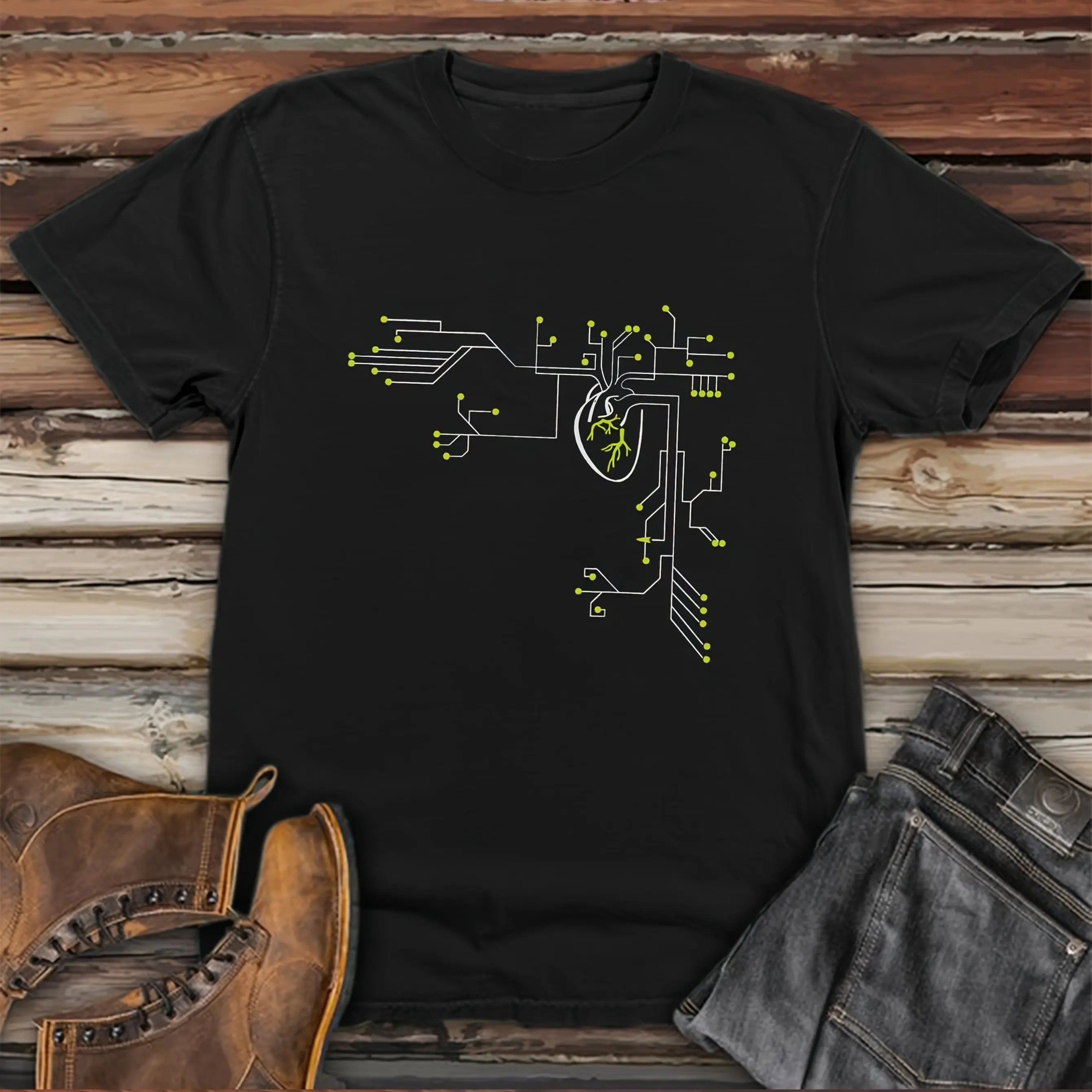 Men Digital Heart Computer Chip Graphic T-Shirt Black Short Sleeve Crewneck with Unique Green Circuit Design Men Clothing