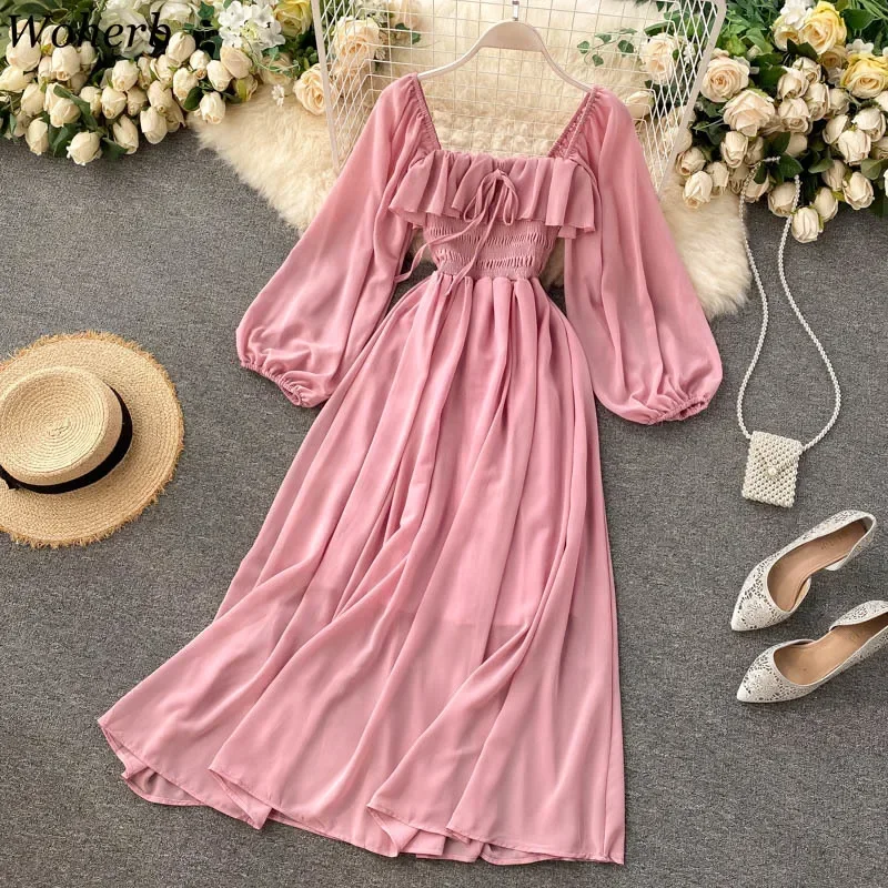 Chic Elegantes Quadrat Kragen Maxi Kleid Frauen Solide Chiffon Puff Sleeve Kleider 2025, Strand Party Robe Vintage Rüschen Vestidos Y2k