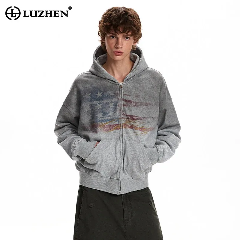 LUZHEN 2026 New Vintage Style Wornout Tie-dyed Pattern Hooded Coat Men's Fashion High Quality Casual Male Sweatshirt Tops JY9101