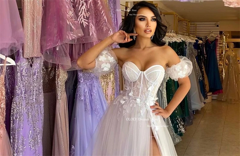 OLOEY-vestidos de novia de línea A de tul de encaje con escote Corazón, Sexy, bohemio, manga corta, vestidos de novia divididos, blanco, Formal, fiesta