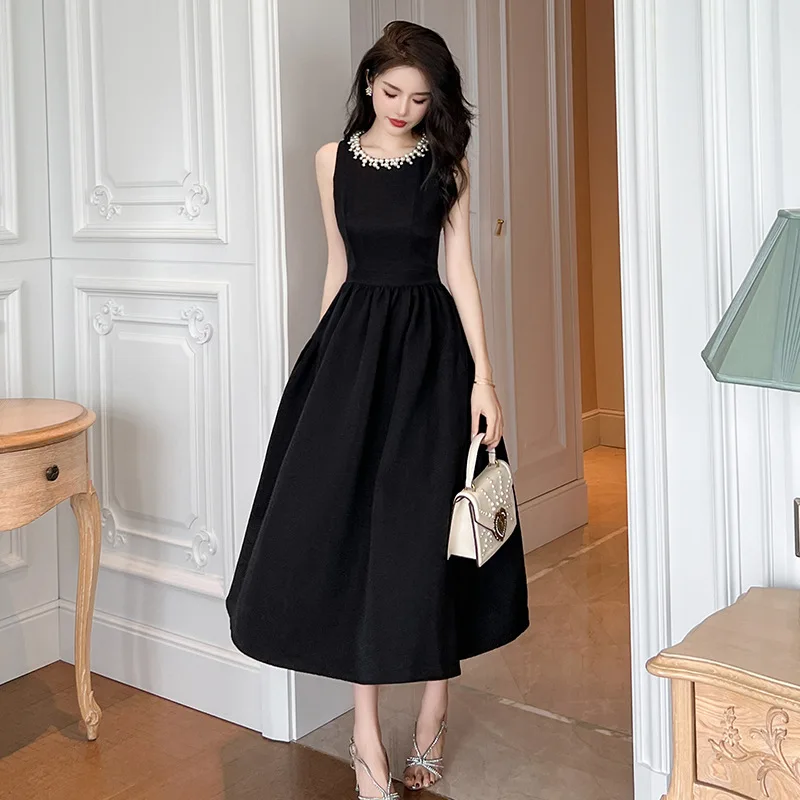 

2023 Summer High End Black Women Dresses Vintage Beading O Neck Sleeveless Ladies Runway Party Birthday A Line Dress Vestidos