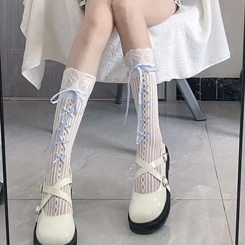 

Кружевные чулки, нежные чулки для женщин, гольфы в стиле Лолиты, элегантные полосатые ажурные длинные носки для школьной формы, повседневная