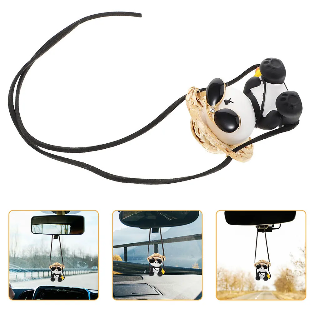 

2Pcs Panda Car Pendant Hanging Ornaments Cute Straw Hat Sunglasses Car Mirror Rearview Mirror Decoration Auto Interior Charm