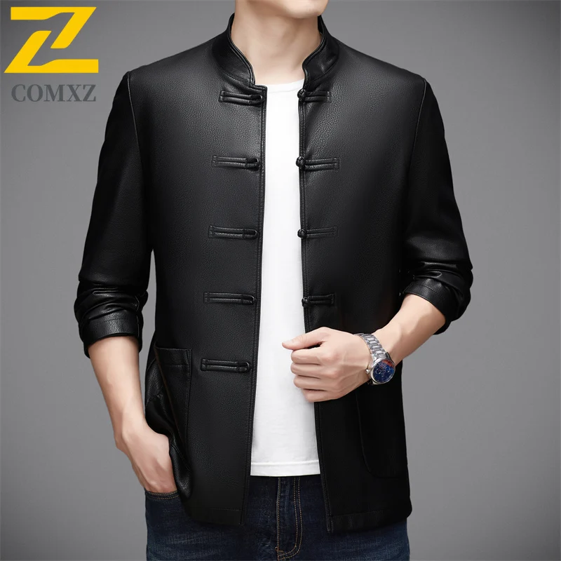Mens Leather Jacket 2025 Winter High Fashion Stand Collar Knot Button Leather Coat Vintage Style Fashion Traditional Outerwear