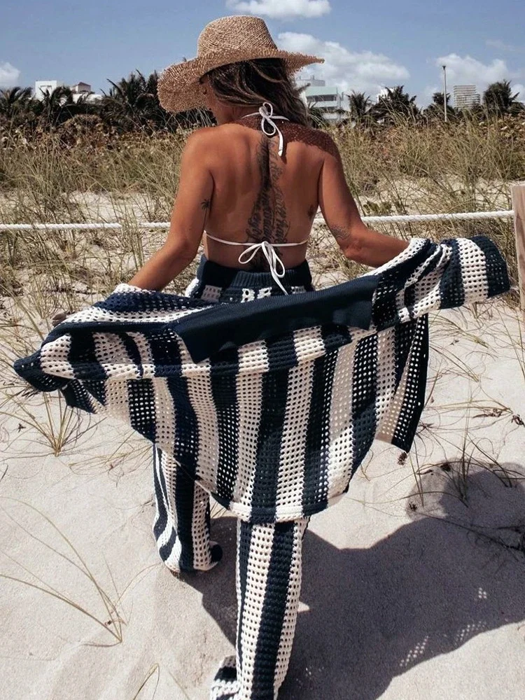 Fashion Beach Casual Suit Sexy Hollow Out V Neck Half Sleeves Wide Leg Pants Sets Summer Stripe Cut Out Shirts Pant Sets