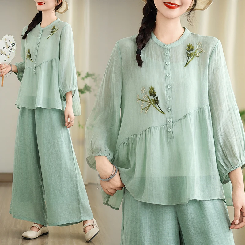 Повседневный комплект из хлопка и льна, женская футболка-квартира Све, летняя одежда с вышивкой, одинаковый комплект, широкие брюки, два пи...