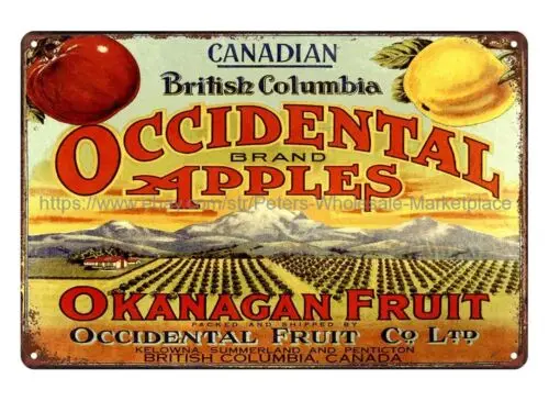 metal sign Occidental Apples Kelowna BC Canada fruit crate label metal tin sign