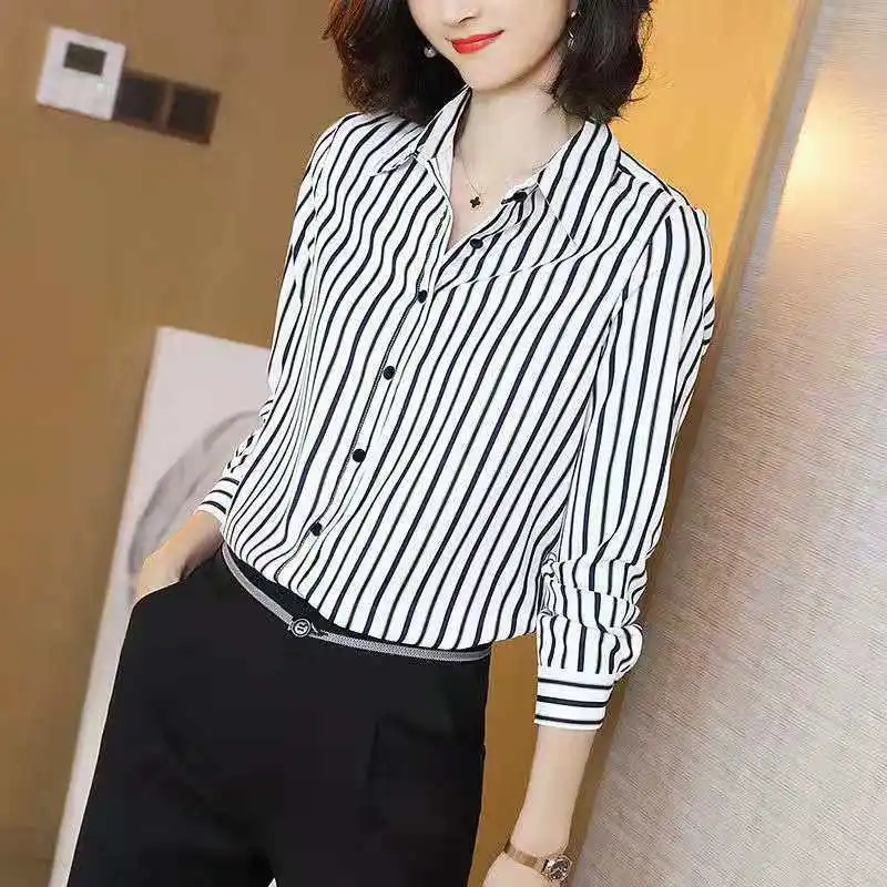 Women\'s Clothing Blouses Women Shirt Thin Striped Casual Women Single Breasted Straight Spring Summer Button Turn-down Collar