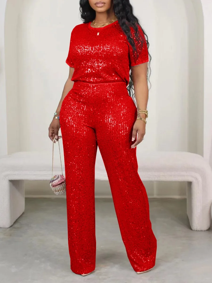 LW Plus Size Sequined High Waist Pants Set Women Spring Summer Outfit Short Sleeve Tops & Wide Leg Pants Set Matching Suit