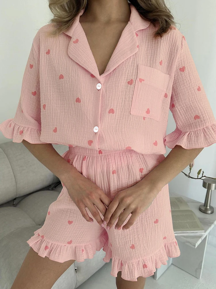 Hiloc Ruffle Pajamas For Women 2 Piece Sets Print Half Sleeve Sleepwear Female Cotton Suits With Shorts Summer Casual Homewear