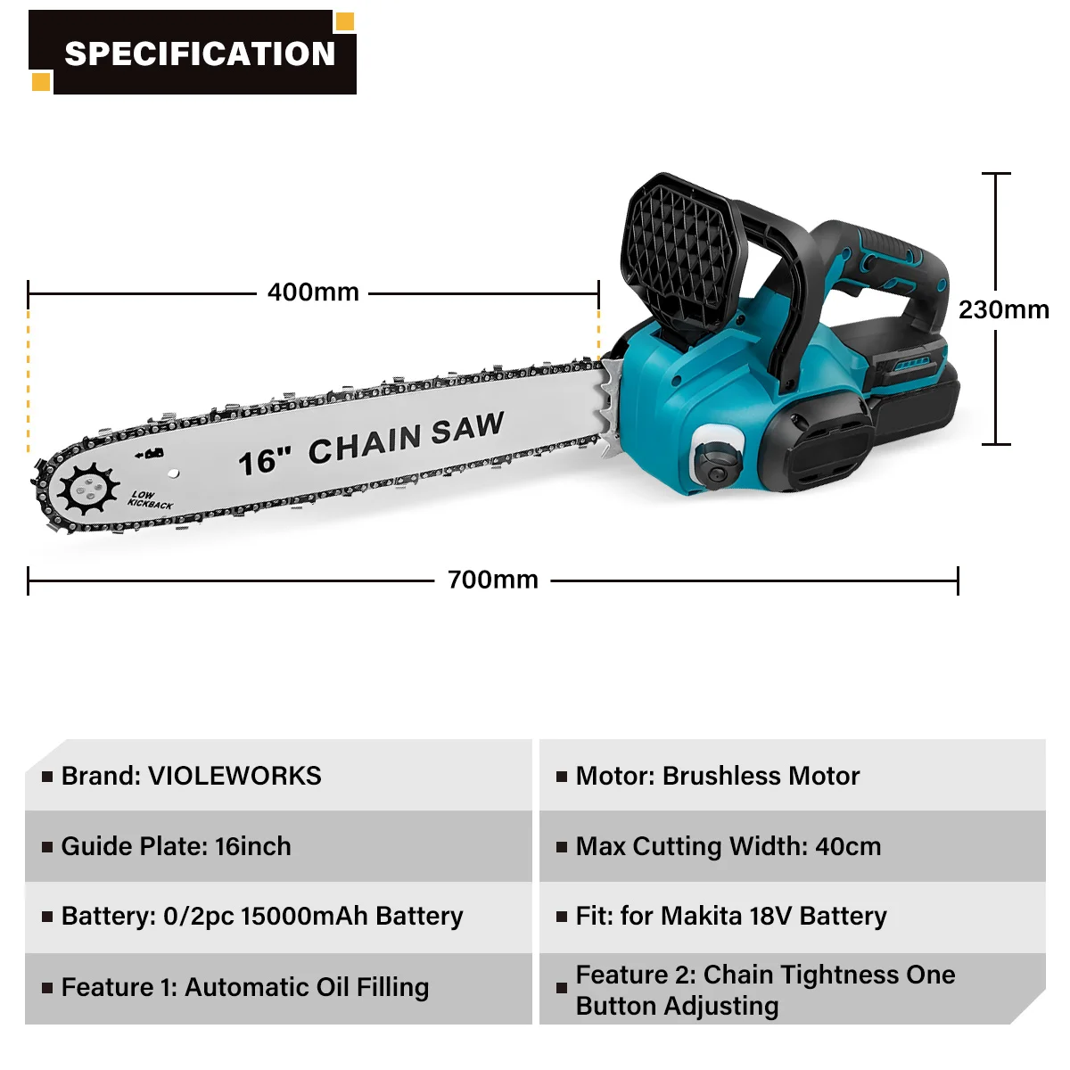 Imagem -02 - Brushless Cordless Elétrica Chainsaw Recarregável Garden Saw Corte Ramos Makita 18v Bateria 6000w 16