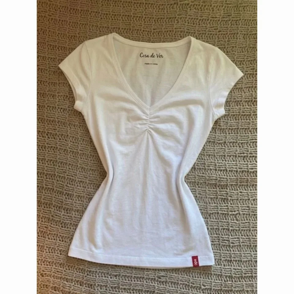 Women's Simple White V-Neck T-Shirt Ruched Front Slim Fit Short Sleeve Tee Casual Summer Daily Top