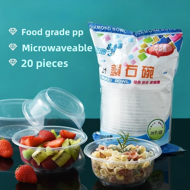 20pcs/lot Disposable Food Grade Plastic Bowls Round Takeaway Containers Household Meal Boxes Food Packaging Party Use