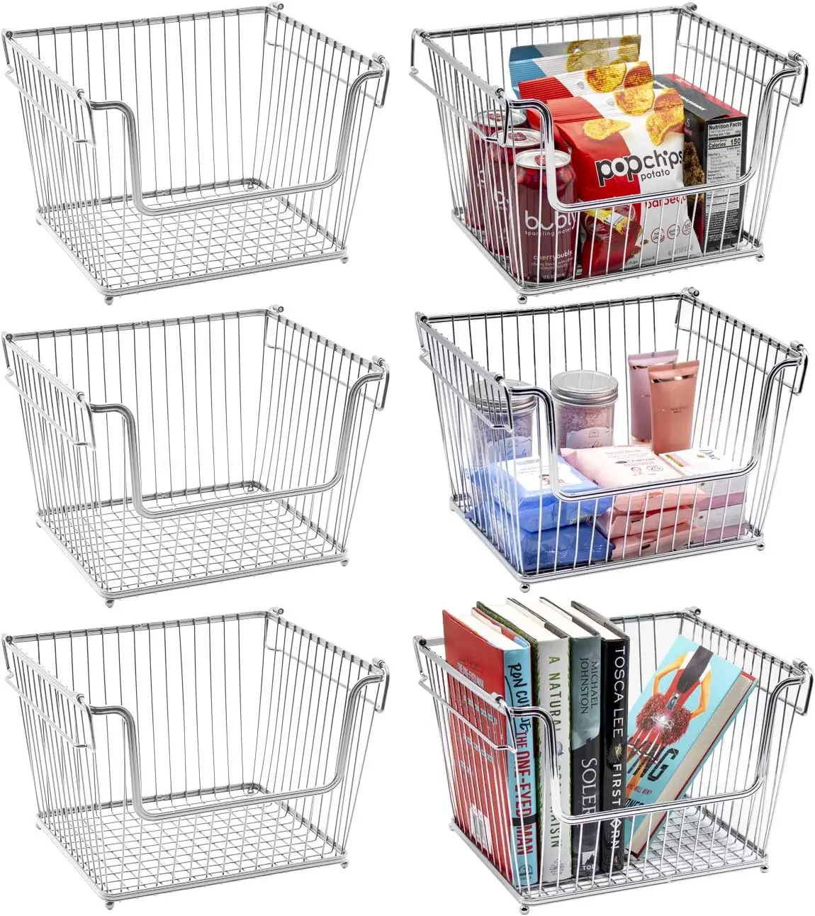 

Wire Metal Basket Bin,Stackable Storage Baskets,Cubby Bins for Food,Kitchen,Home,Laundry Room, Office, Farmhouse,6-Pack, Silver