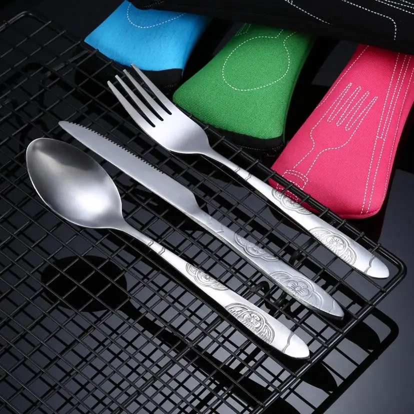 3 Pcs/set Dinnerware Portable Printed Stainless Steel Spoon Fork Steak Knife Set Travel Cutlery Tableware With Bag