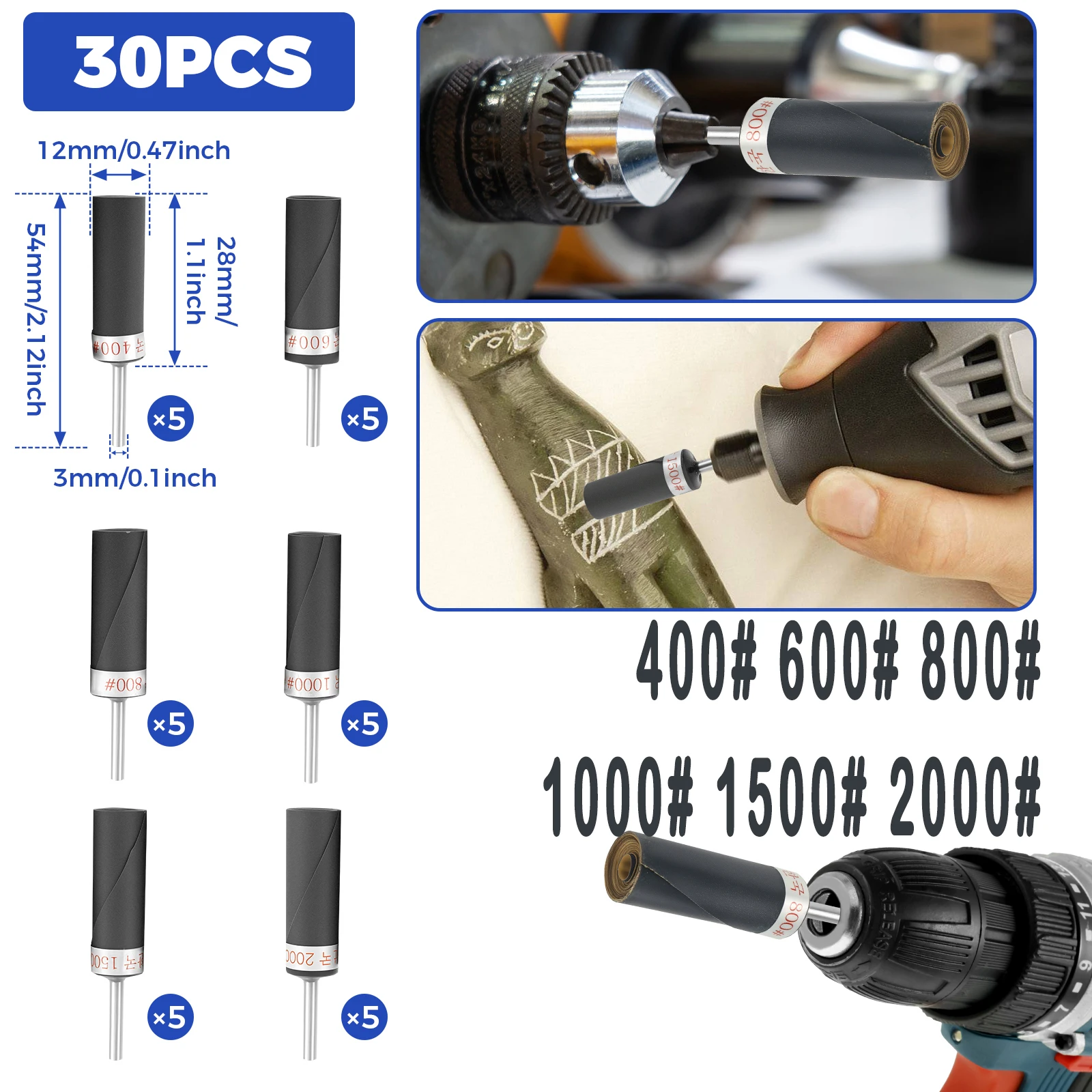 

30 шт. наждачная бумага, полировальный рулон, абразивная шлифовальная головка с хвостовиком 1/8 дюйма, набор палочек для наждачной бумаги для пластика, дерева, металла
