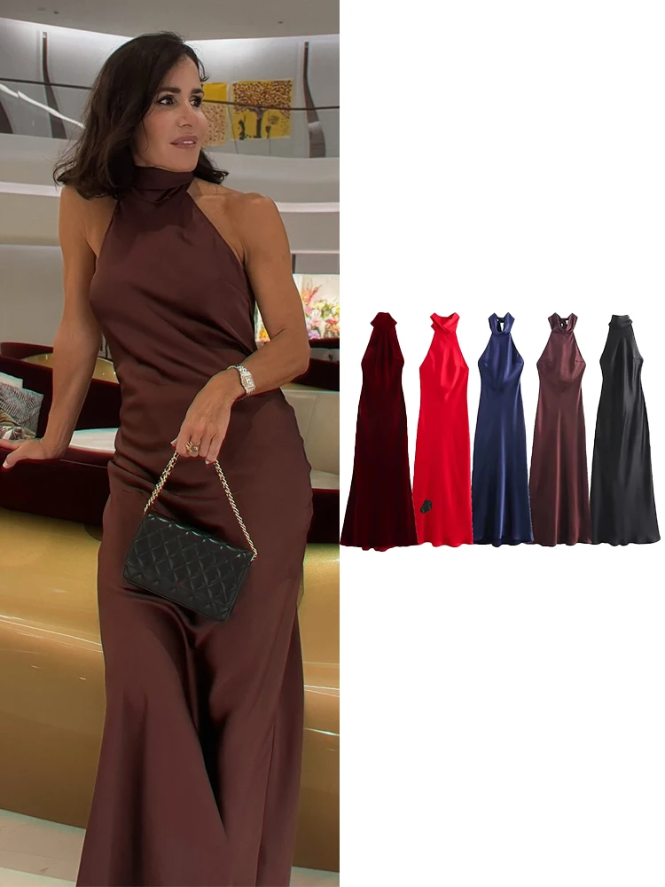 

TRAFZA Female Elegant Slim Long Dresses Solid Sleeveless Backless Bow Decoration Zipper Summer Dress Woman Trendy 2 Color