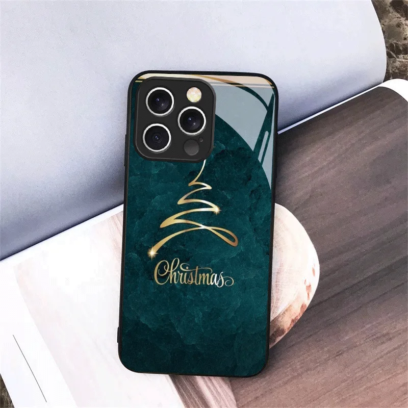Minimalist Golden Line Christmas Tree Tempered Glass New Phone Case for iPhone 18 17 16 15 14 13 12 11 Pro Max XS XR Plus 16E