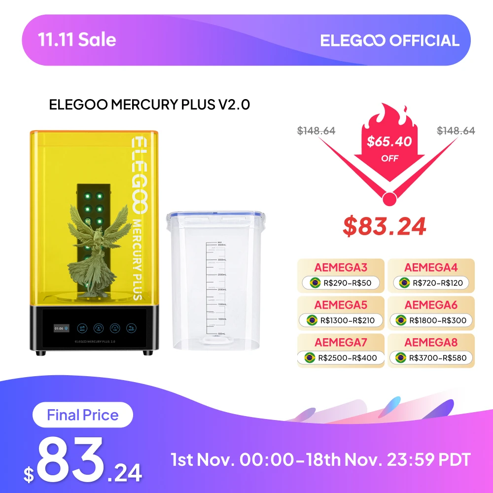 ELEGOO MERCURY PLUS V2.0 Máquina de Lavagem e Cura para Impressoras 3D, 2 em 1, para Cura de Modelos com Recipiente de Lavagem