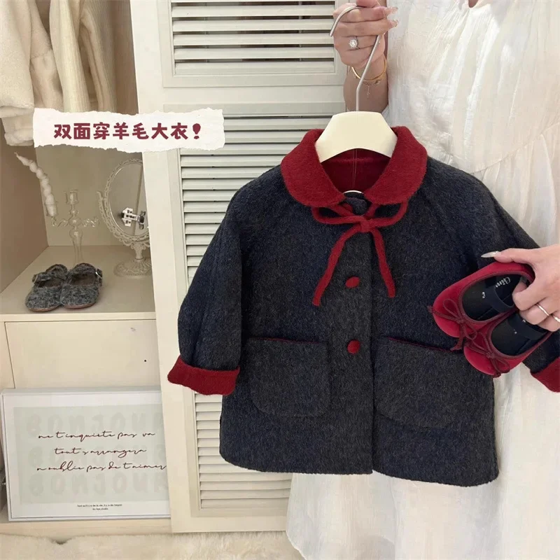 

Girls Spring Autumn Winter New High Quality Korean Style Reversible Mid-Length Woolen Coat