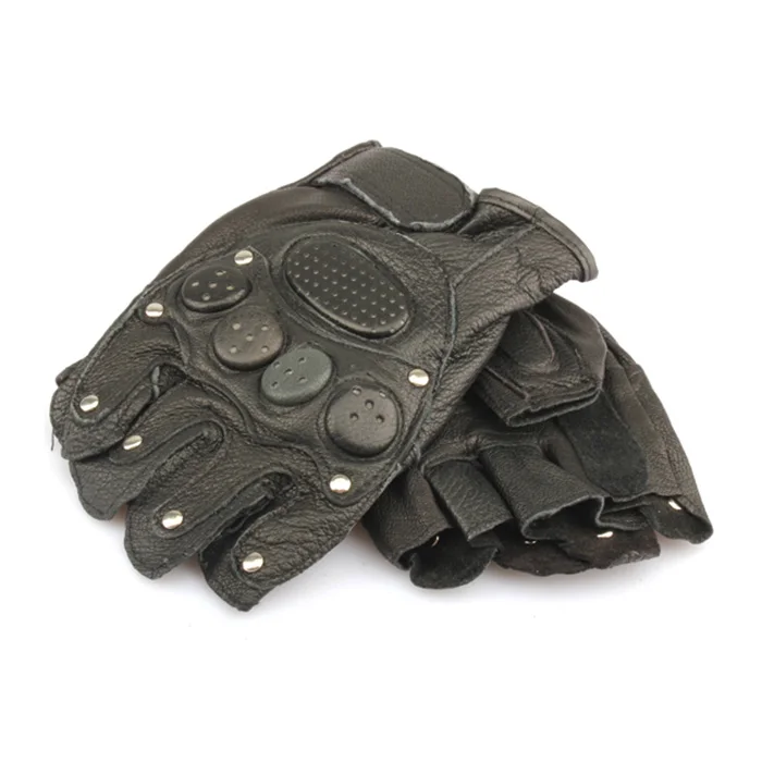 

Half Finger Mitten Gloves Rivets Black Leather Glove for Motorbike Driving TD326