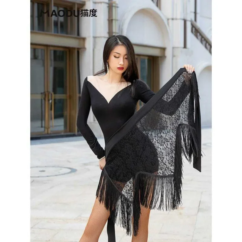 Women Tassel Latin Dance Costumes Fringe Hip Scarf Skirt Towel Sexy Lace Dress Ballroom Top Long Sleeve V-neck Mesh Neckline