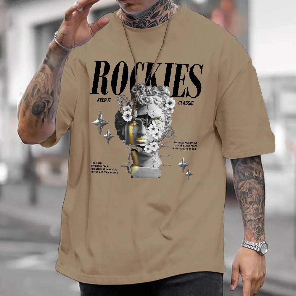 Vintage Rockies Keep It Classic Crack Sculpture White Flower Print Oversized T Shirt Men Crew Neck Daily Loose Top