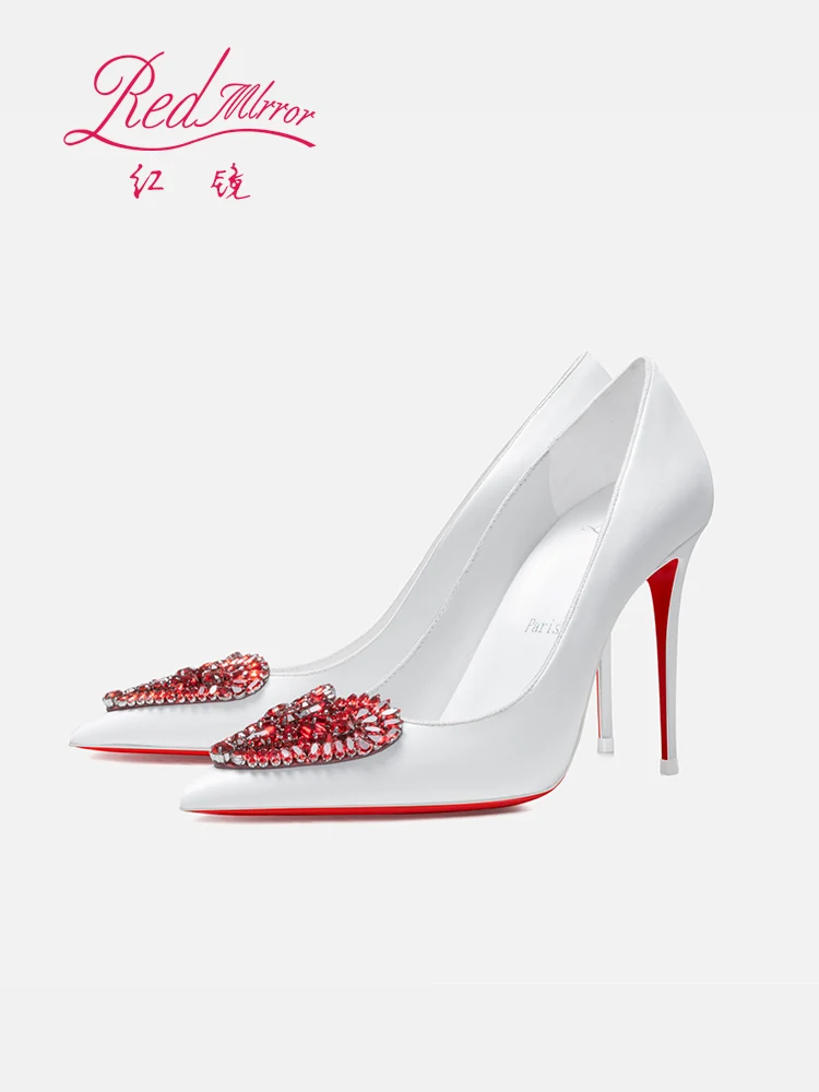 

Red soled heart-shaped rhinestone white high-heeled shoes for women's 2025 wedding, exuding a refined and refined style