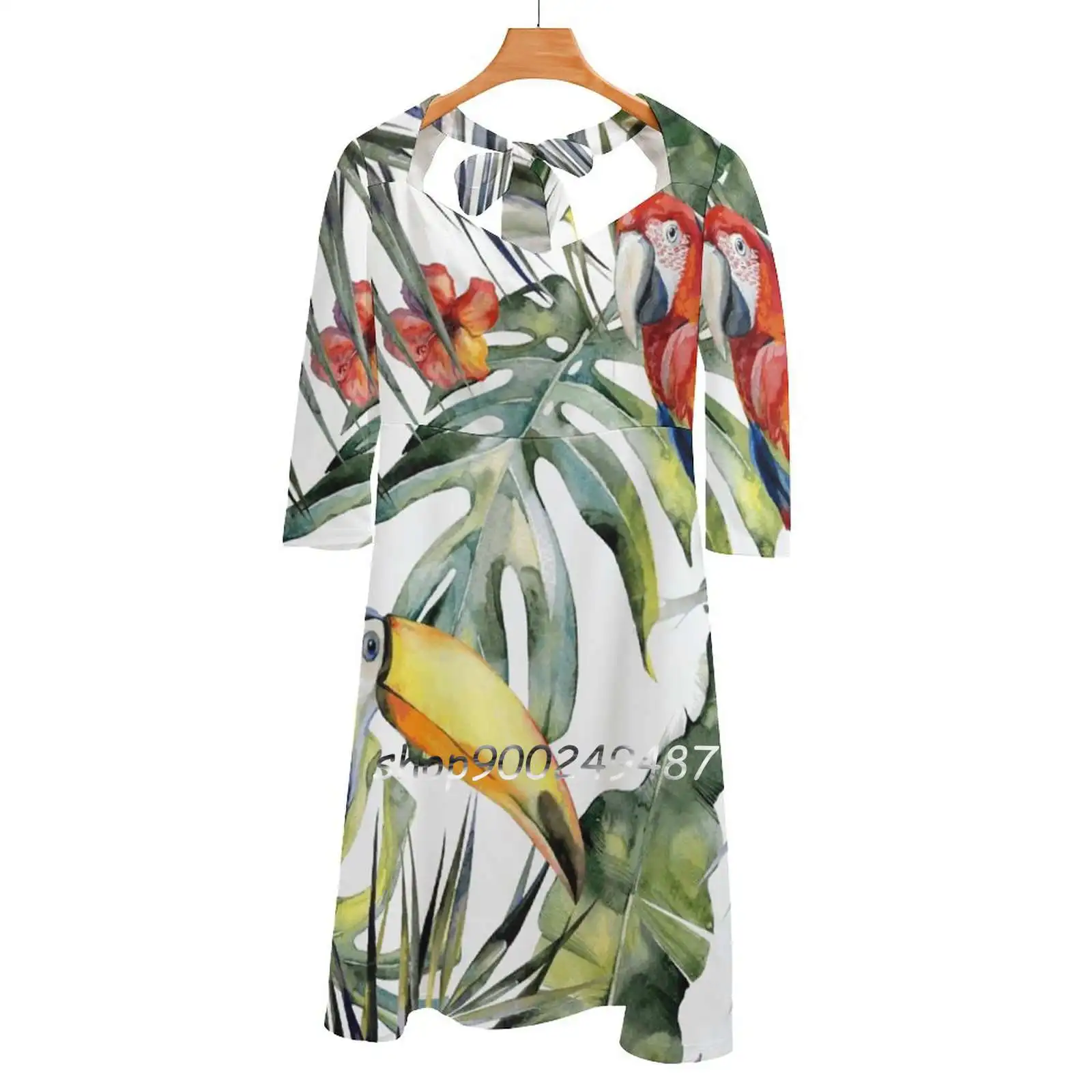 

Tropical Jungle Flare Dress Square Neck Dress Elegant Female Fashion Printed Dress Watercolor Pattern Tropical Leaves Jungle