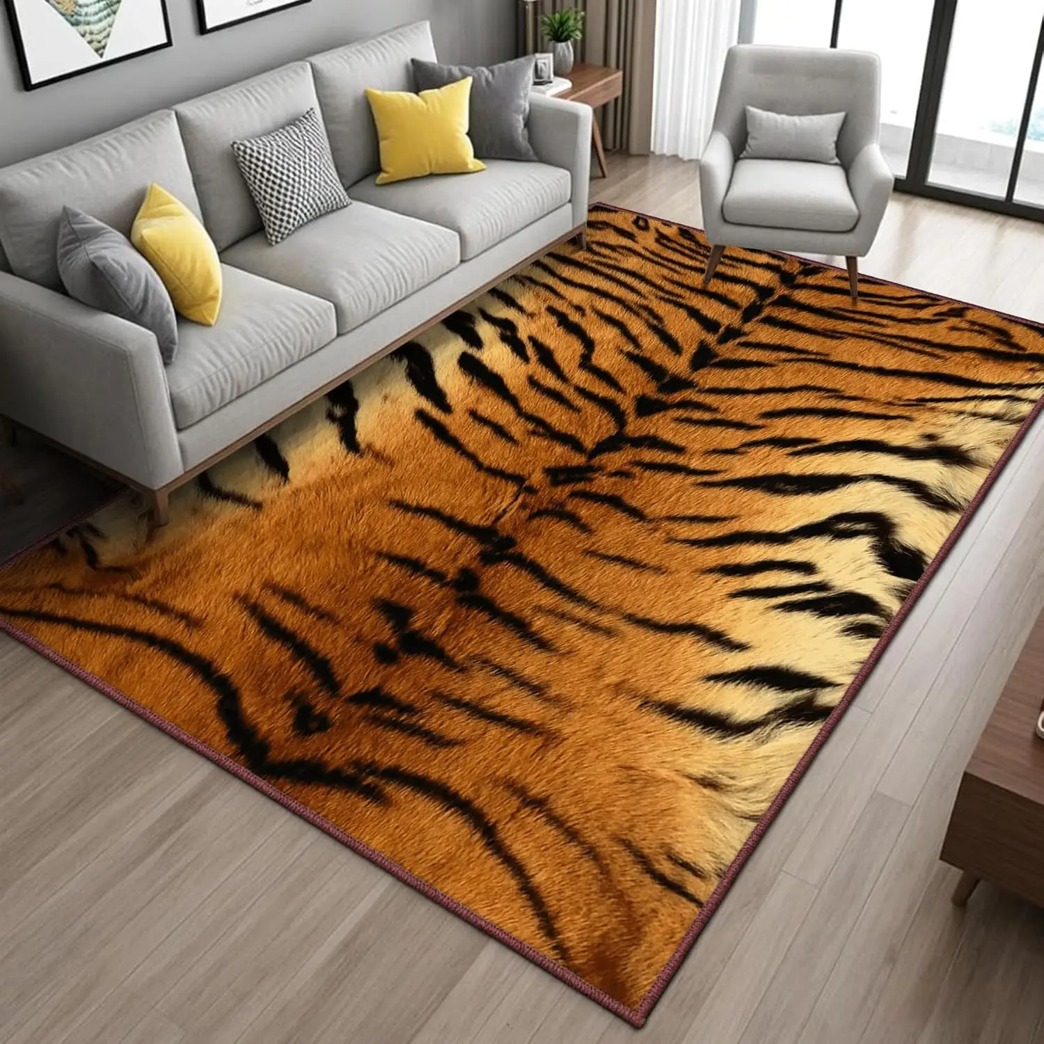 

Tiger Stripe Animal Print Themed Rug,Anti-Slip Mat with Wild Skin Design for Living Room & Bedroom,Bold Exotic Decorative Carpet